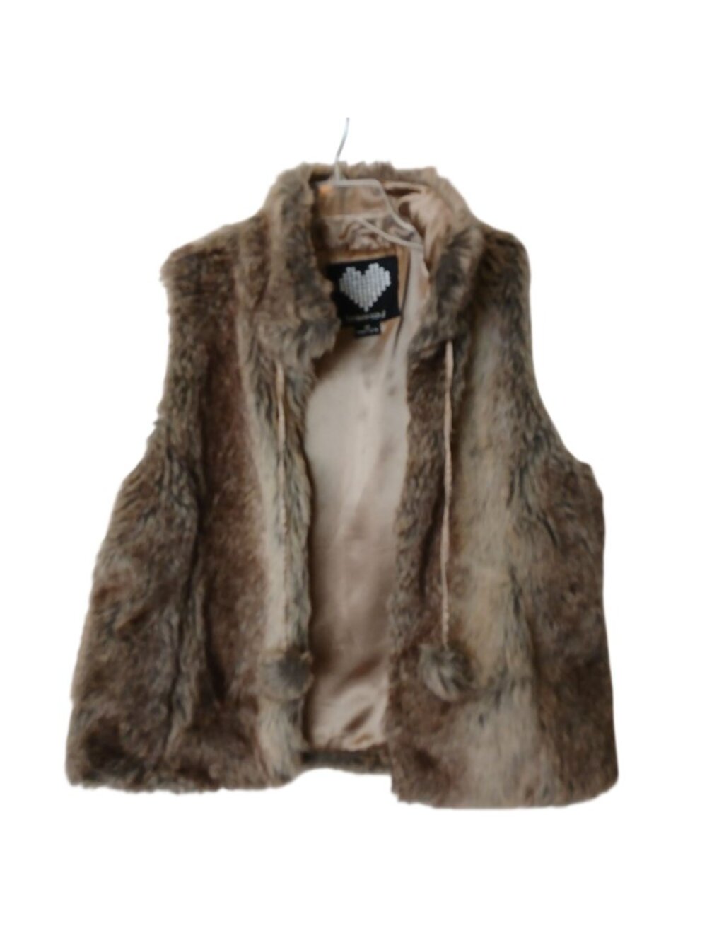 Brave Soul Sz M Faux Fur Vest Hook Front Brown Round Tassles Satin Lined #C-36 - Picture 9 of 10